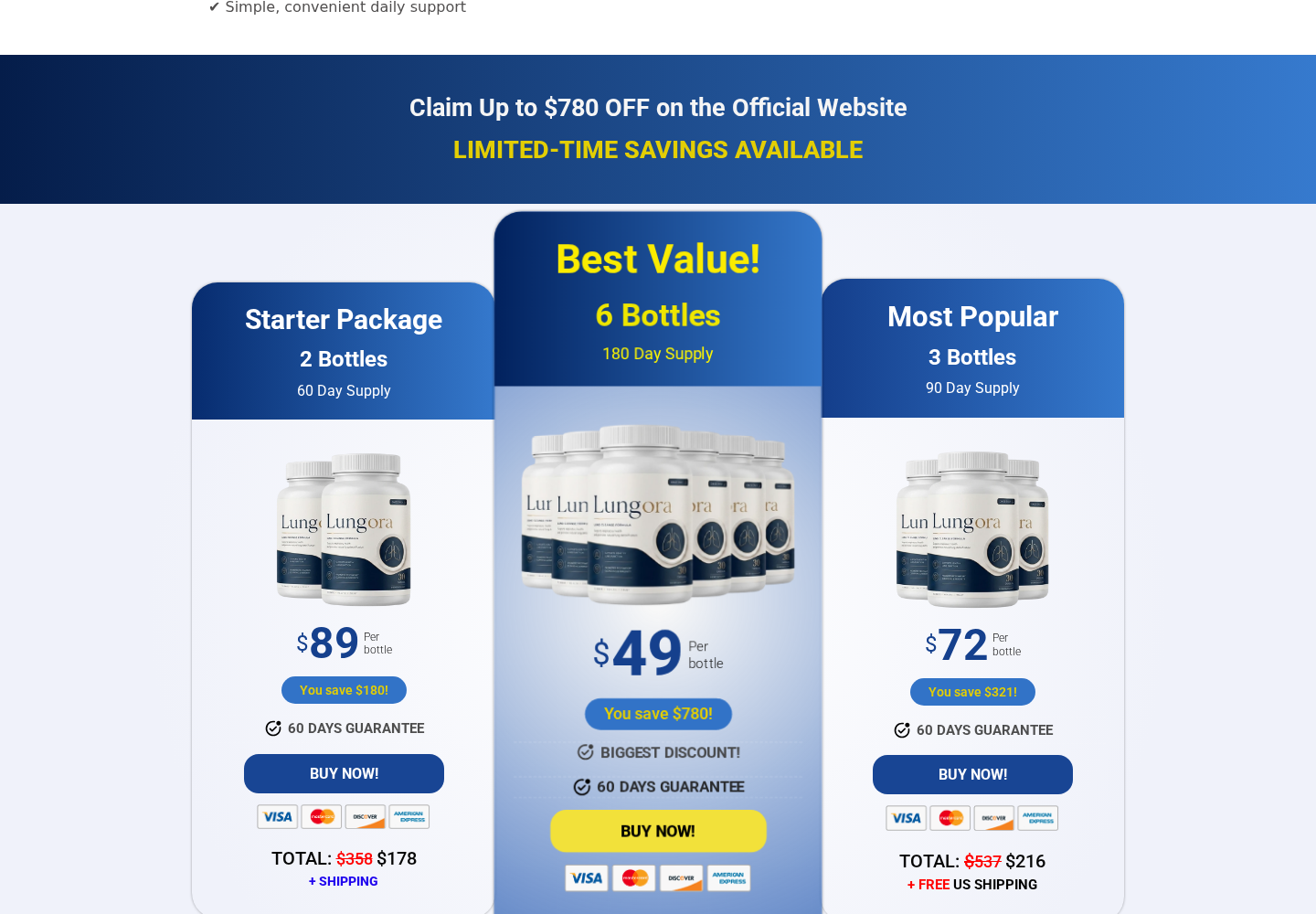 Lungora Review: FDA Badge, Conflicting Formulas and Return Risks Explained 4 Lungora sales page showing two-, three- and six-bottle packages with per-bottle prices and total charges