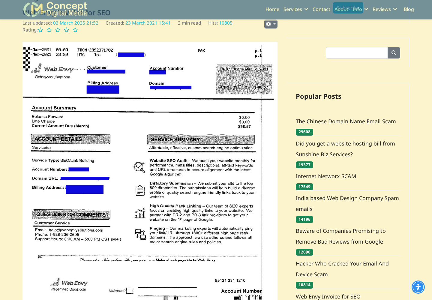 Web Envy Invoice Scam: Fake SEO and DNS Bills Your Business Should Not Pay 1 Redacted Web Envy invoice published by Concept Digital Media, showing a $98.57 SEO and link-building charge