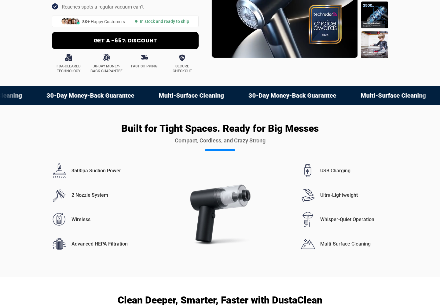 DustaClean page displaying an FDA-cleared technology badge near its guarantee