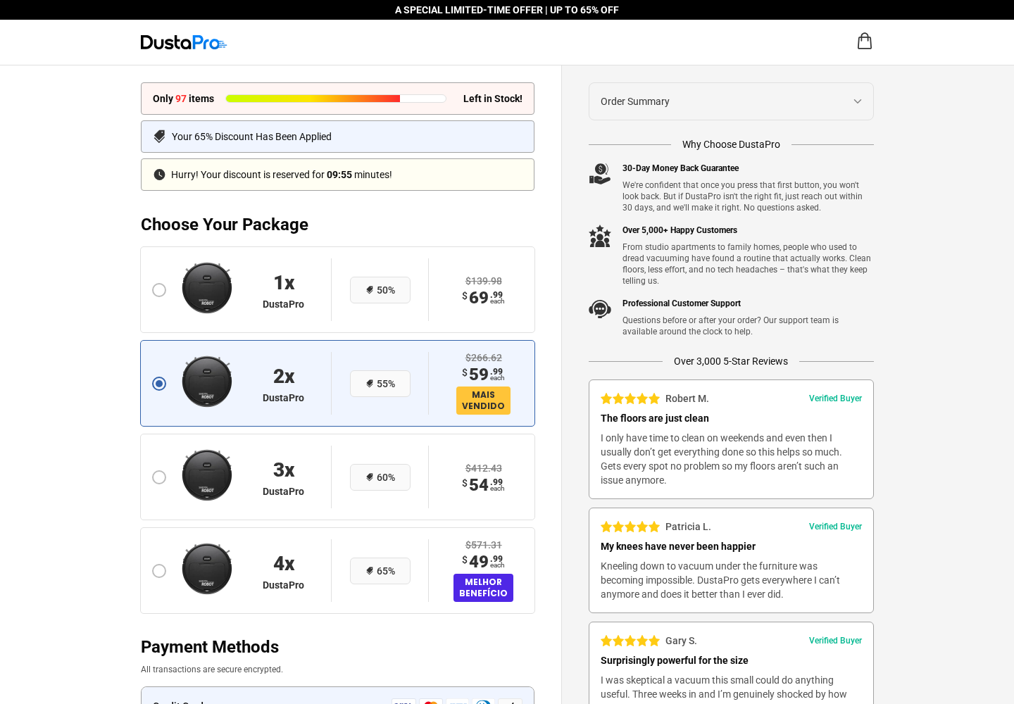 DustaPro checkout showing the two-unit package selected by default