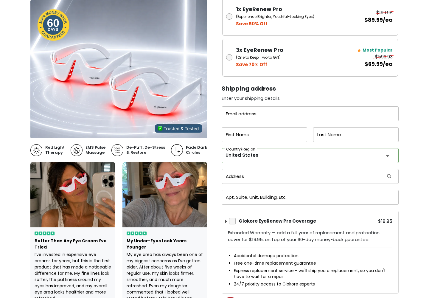 Glokore direct checkout displaying package prices and 60-day guarantee wording