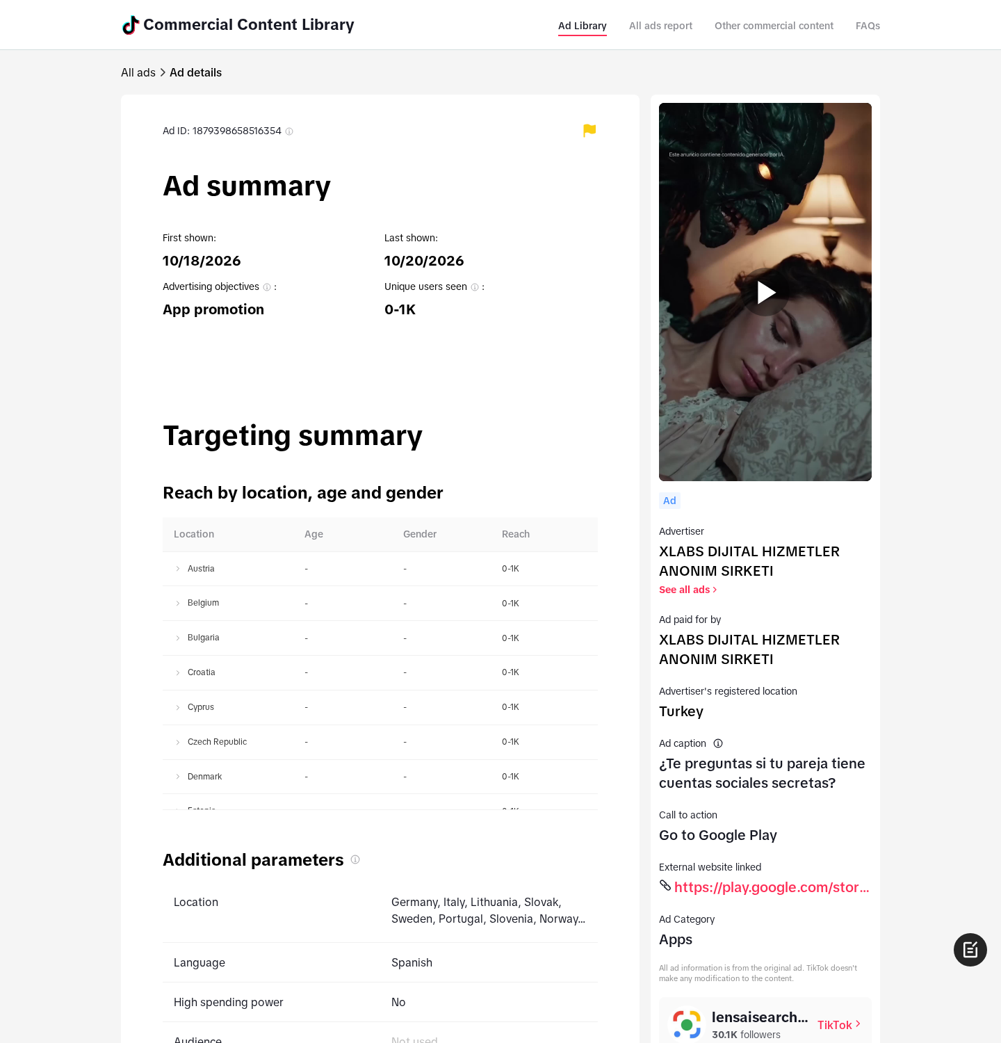 Lens AI EXPOSED: Scam or Legit? People Search and Billing Investigation 2 Original TikTok ad-library entry naming xLabs and showing a Lens AI secret-social-accounts advertising caption