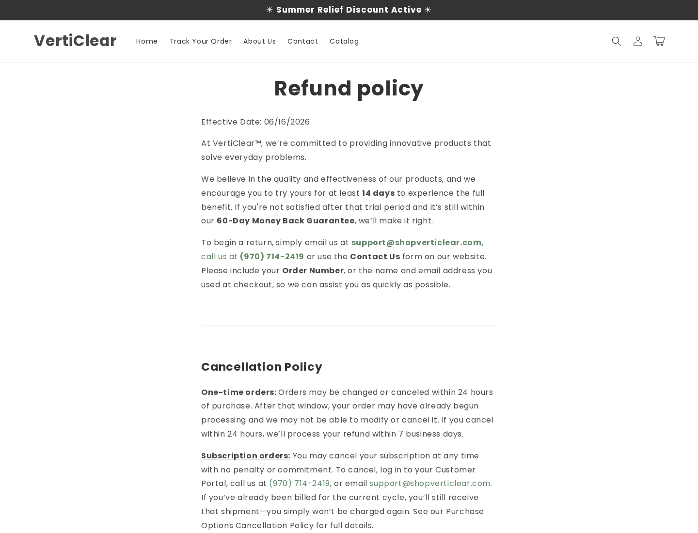 VertiClear refund policy showing a 60-day guarantee and return conditions rather than the product page's 180-day promise