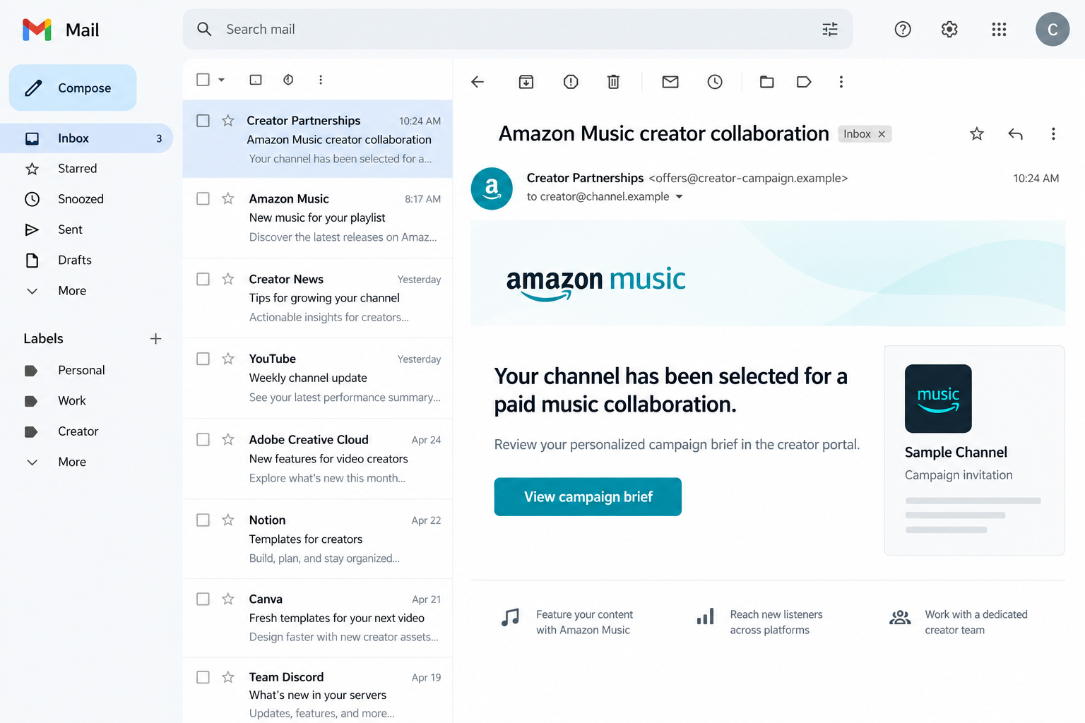 Illustrative fictional Amazon Music sponsorship email mockup using example addresses, not an authentic captured invitation
