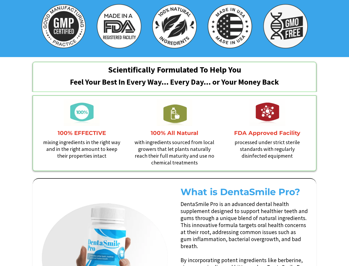 DentaSmile Pro EXPOSED: Scam or Legit? Claims and Returns Investigation 2 DentaSmile Pro promotional website showing absolute effectiveness and FDA Approved Facility wording