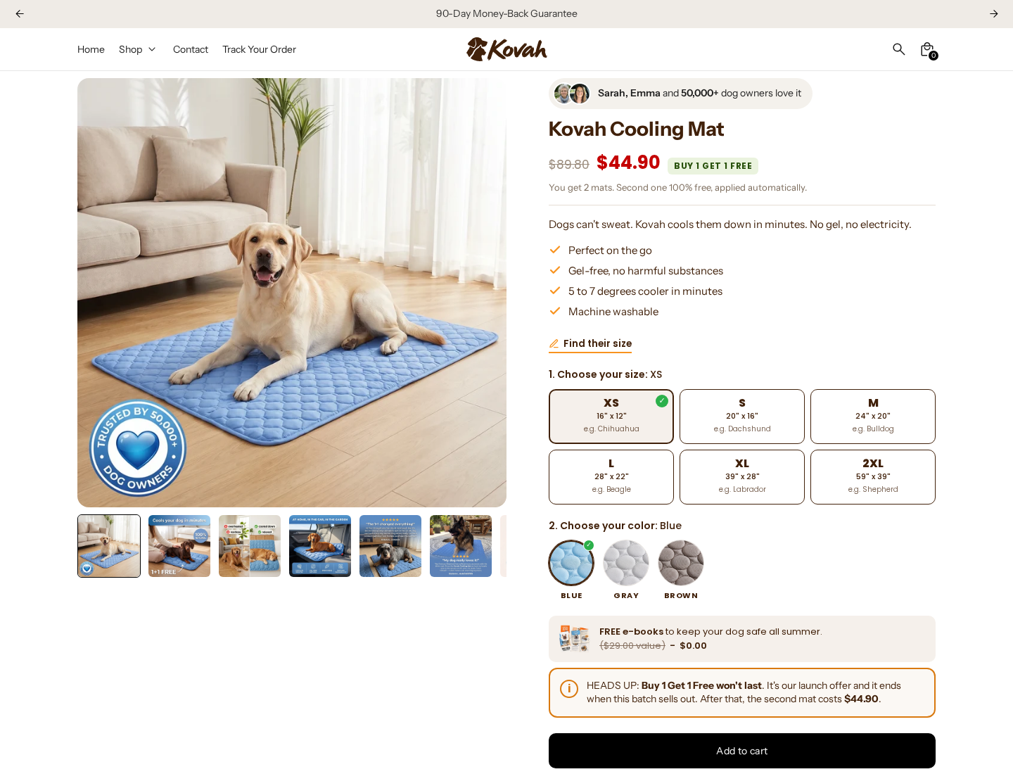 Kovah Cooling Mat EXPOSED: Scam or Legit? Cooling and Refund Investigation 1 Kovah Cooling Mat dog offer showing a $44.90 XS two-mat promotion and a five-to-seven-degree cooling claim