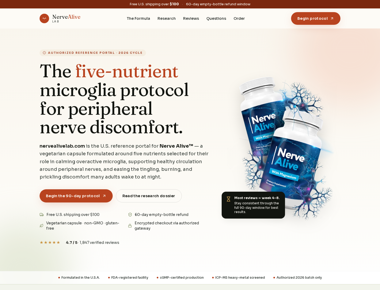 NerveAlive Lab promotional page advertising a five-nutrient 90-day protocol beside a 60-day refund promise