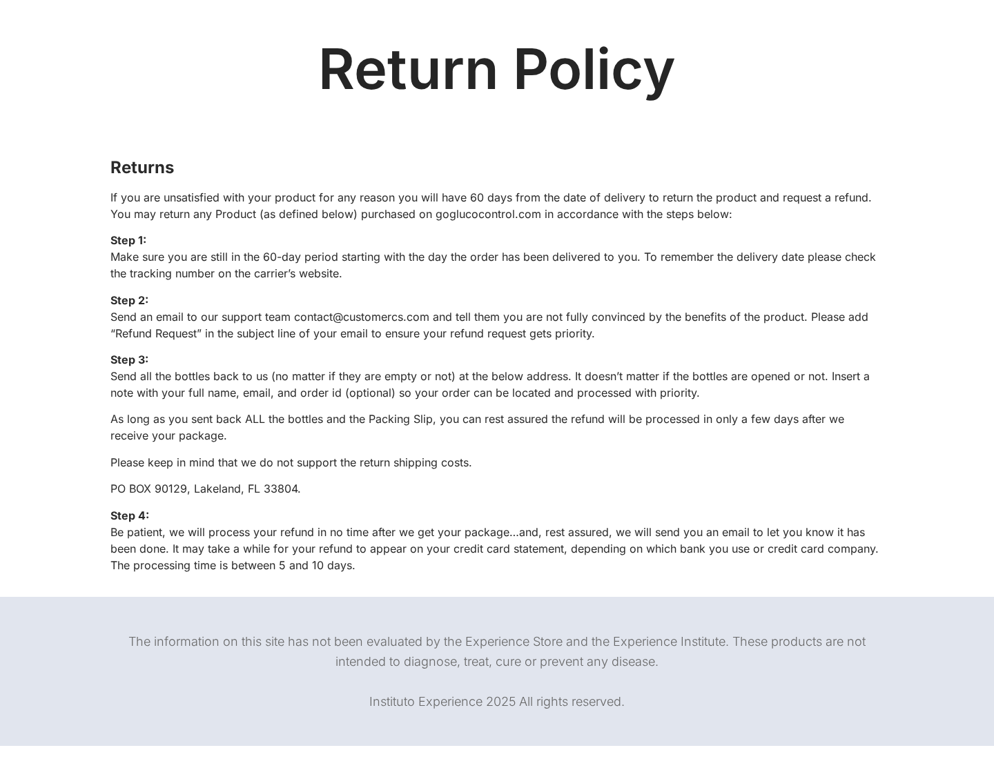 NerveAlive return policy naming goglucocontrol.com and listing a 60-day delivery-based return process