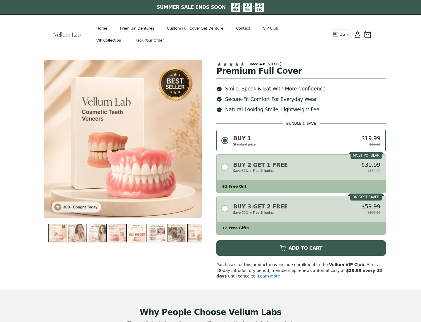 Vellum Lab Premium Full Cover offer showing cosmetic teeth imagery, bundle prices, and conditional VIP renewal wording