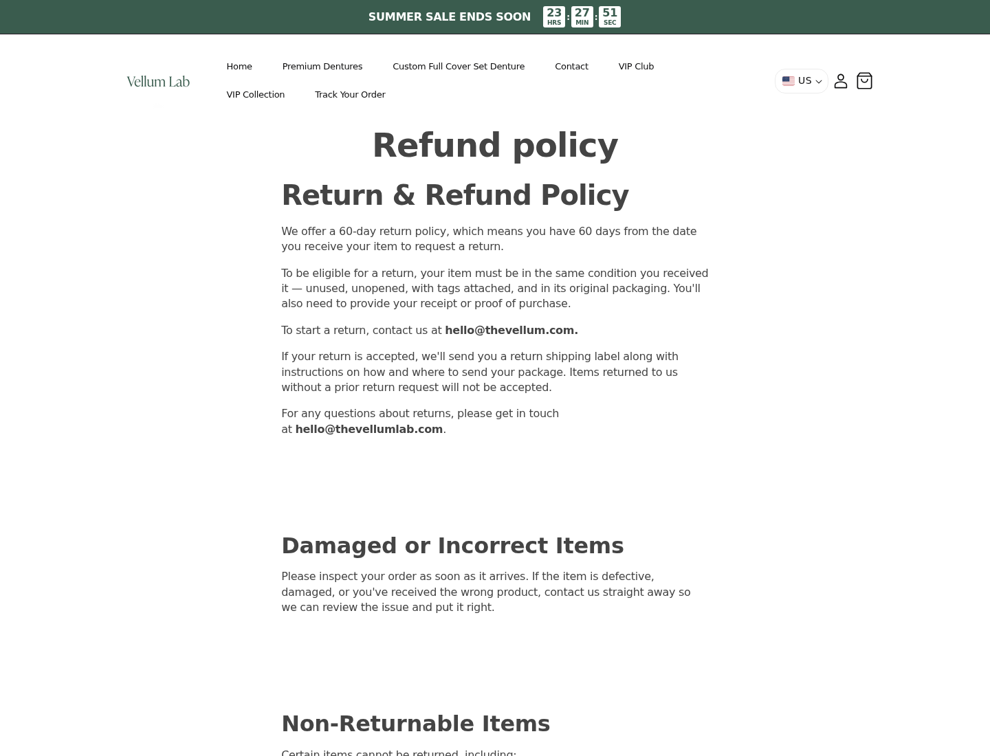Vellum Lab refund policy requiring unopened unused condition and displaying two different support email domains