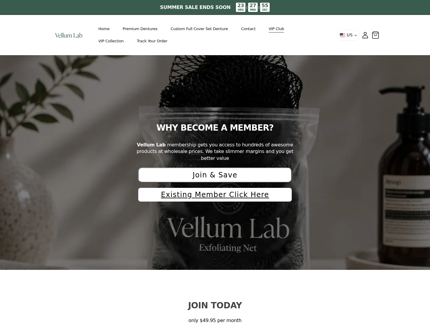 Vellum Lab VIP page displaying a $49.95 monthly membership price that differs from the product notice