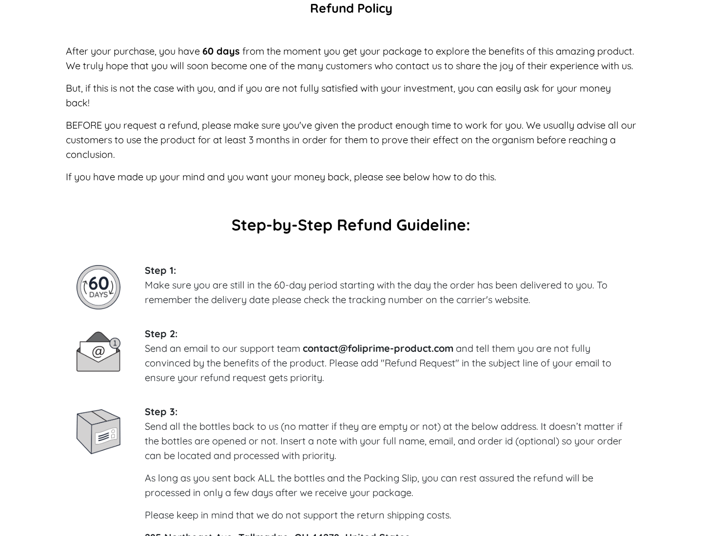 FoliPrime refund page displaying a 60-day window alongside advice to use the serum for at least three months