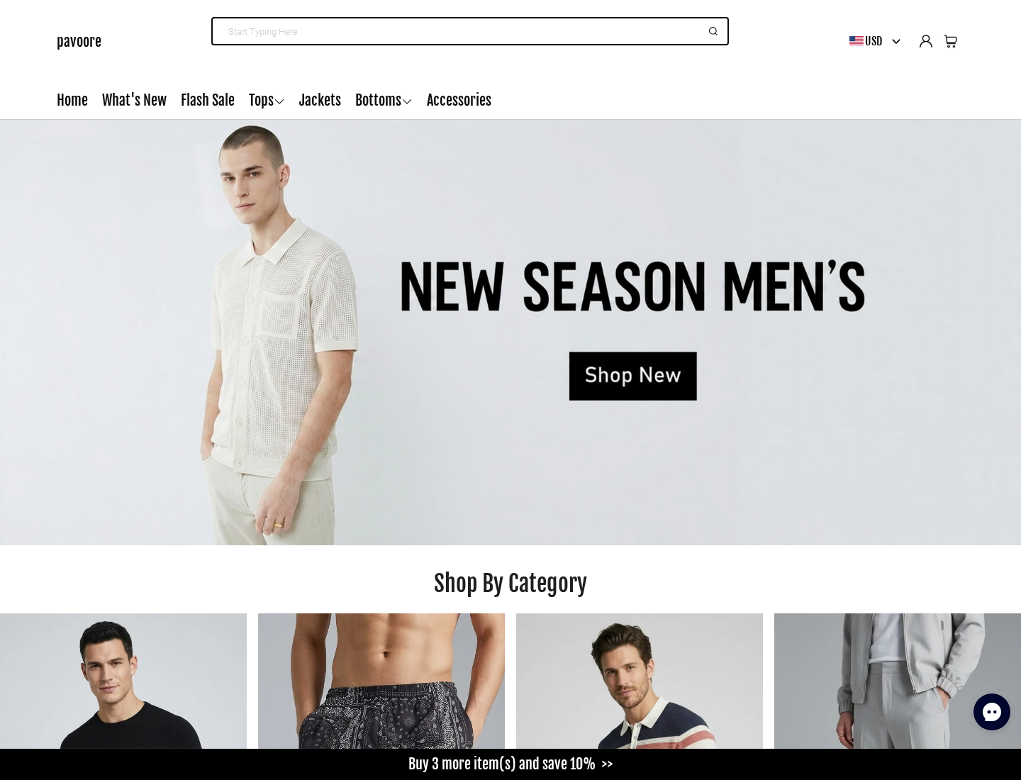 Pavoore clothing storefront showing a men's collection and a banner encouraging three-item purchases for a 10% discount