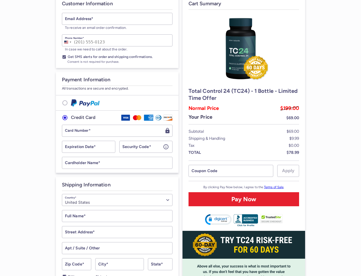 Total Control 24 EXPOSED: Scam or Legit? Prostate Claims Investigation 2 TC24 one-bottle ClickBank order summary showing $69 plus $9.99 shipping and a $78.99 provisional total