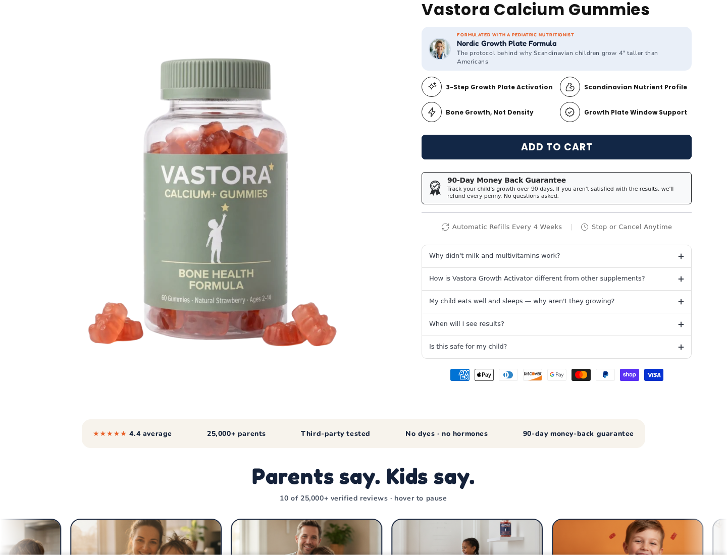 Vastora Calcium Gummies page with growth-plate claims, automatic four-week refills and a 90-day guarantee