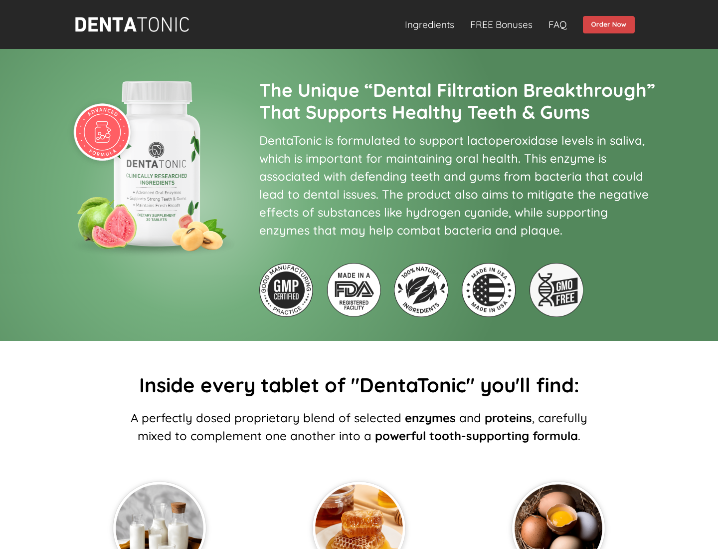 DentaTonic tablet promotion describing a dental filtration breakthrough, saliva enzymes and a proprietary blend