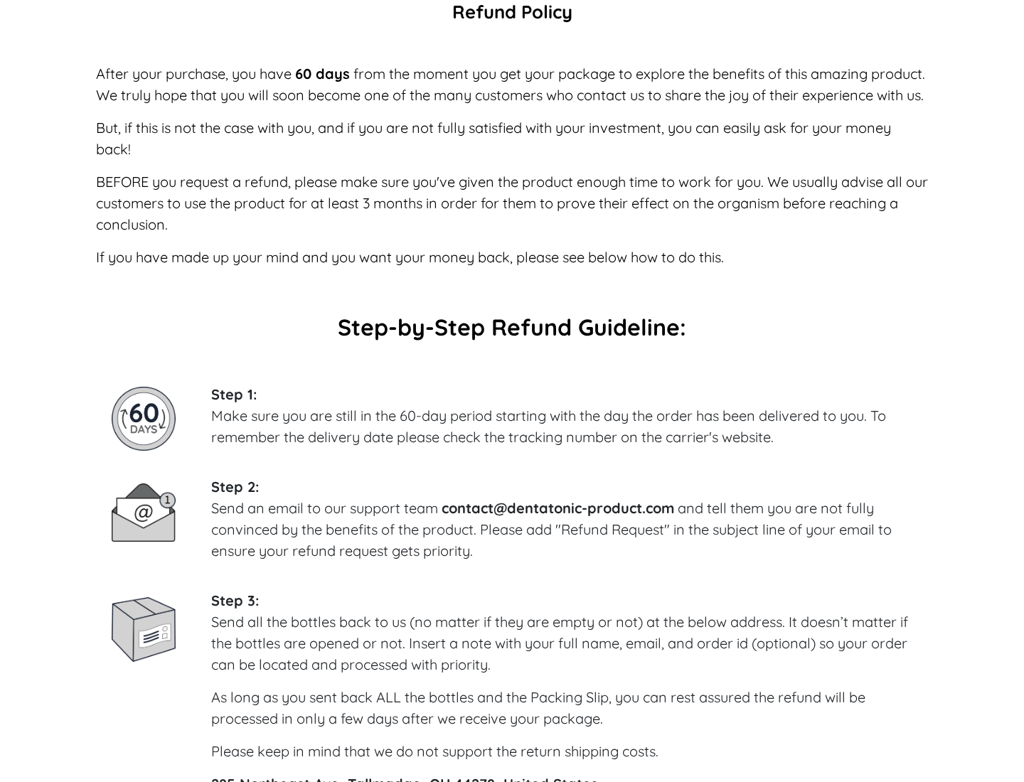 DentaTonic refund page giving 60 days but advising three months of use, with product support and bottle-return instructions