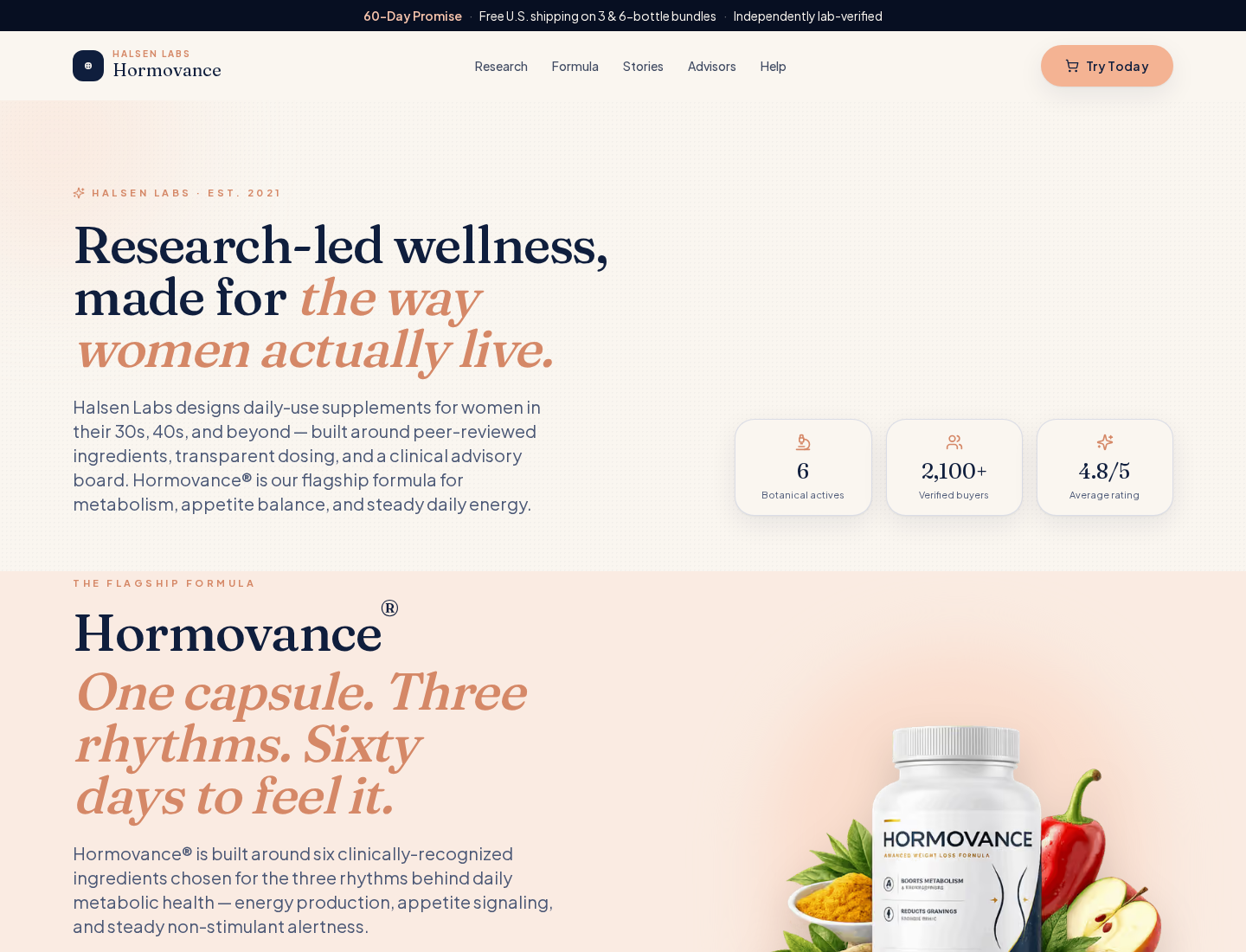 Hormovance EXPOSED: Scam or Legit? Formula and Refund Terms Investigation 1 Hormovance page presenting Halsen Labs, six botanical actives, research-led wellness and a 60-day promise