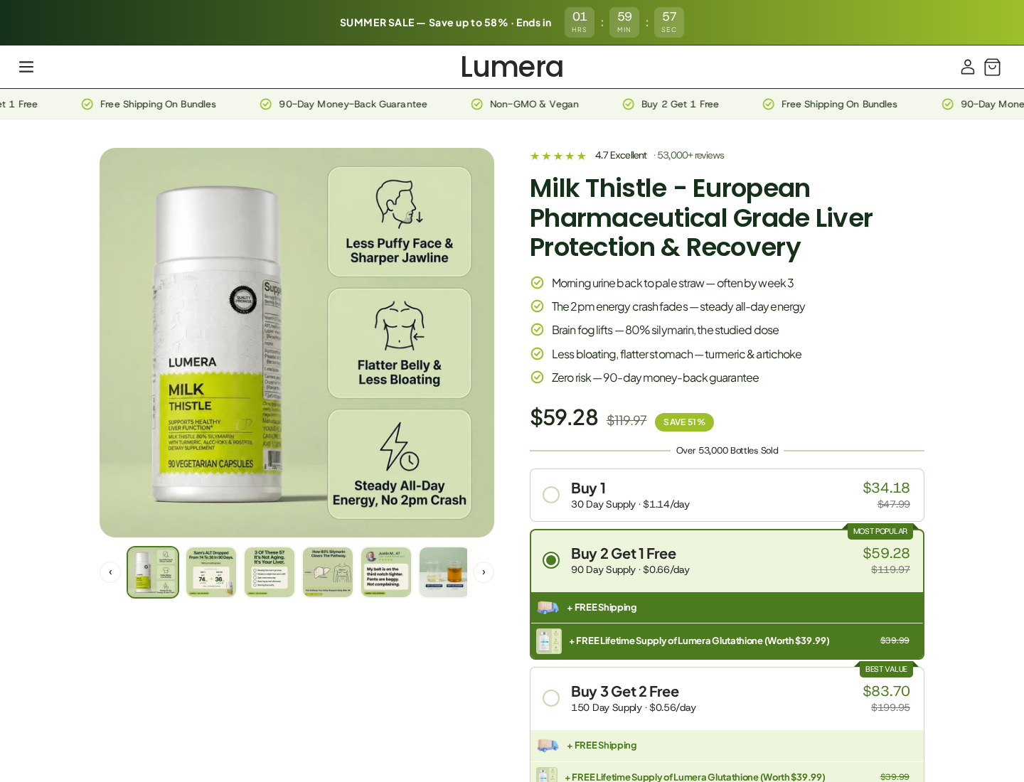 Lumera Milk Thistle EXPOSED: Scam or Legit? Claims and Refills Checked 1 Lumera milk thistle product page linking urine color, energy and bloating to liver support, with a three-bottle bundle selected