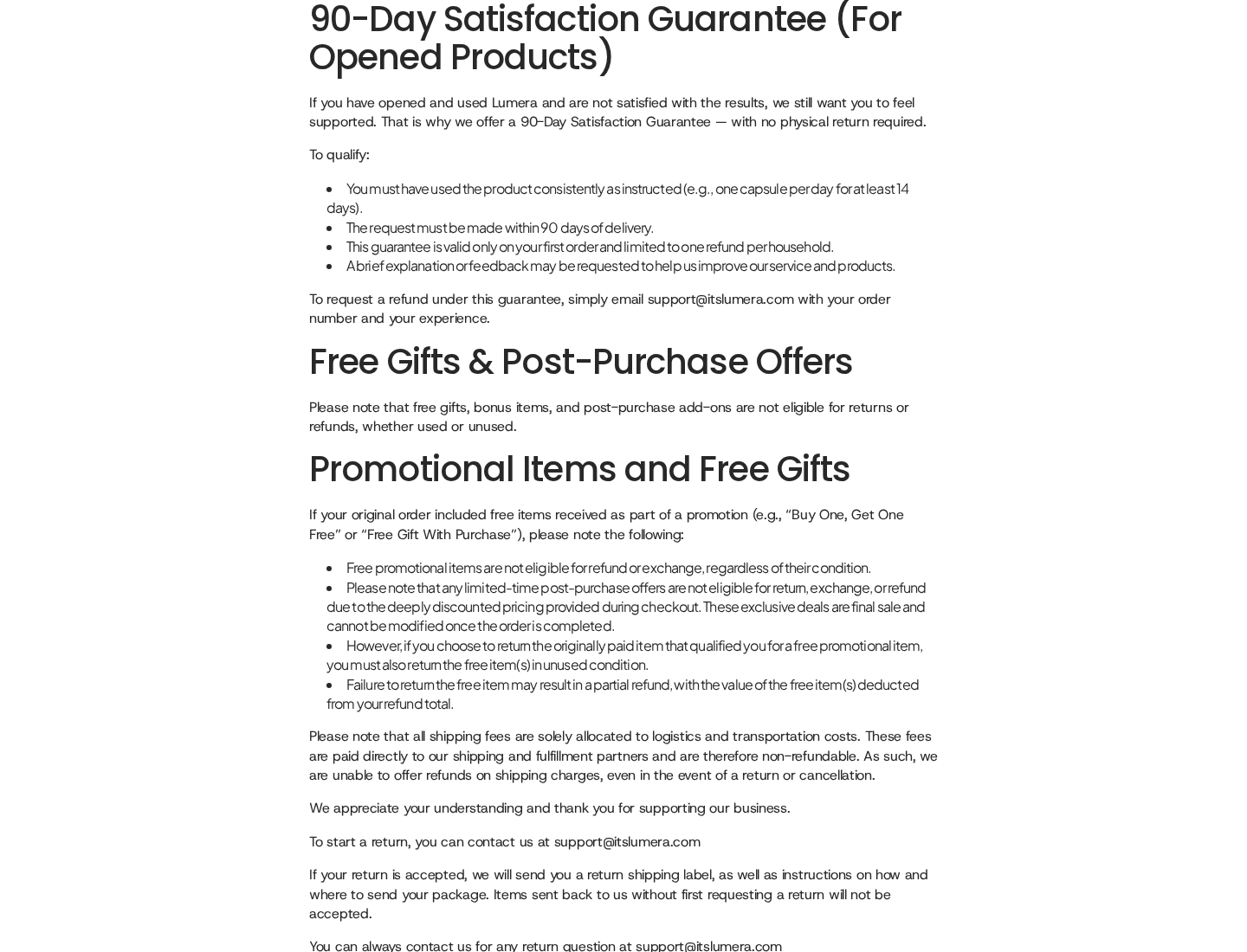 Lumera Milk Thistle EXPOSED: Scam or Legit? Claims and Refills Checked 2 Lumera opened-product satisfaction guarantee listing 14-day use, first-order and household limits, followed by gift and post-purchase exclusions