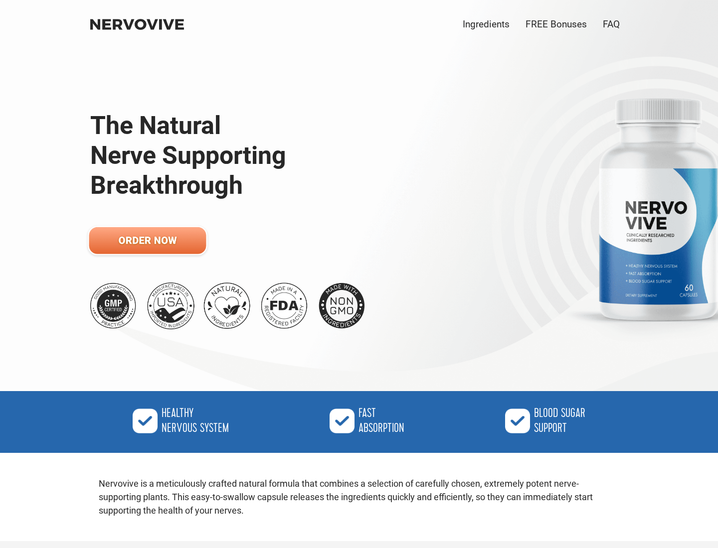 Nervelin EXPOSED: Scam or Legit? Formula and Order Route Investigation 2 Nervovive sales page reached through the inspected Nervelin ordering link, displaying a differently named nerve-support capsule
