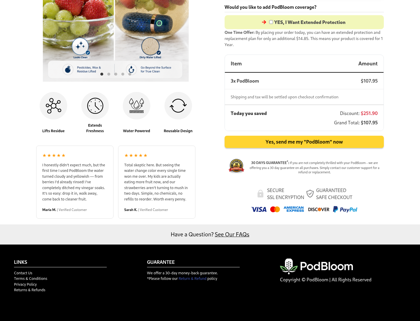 PodBloom checkout with three devices at $107.95 before shipping and tax, and an unchecked optional $14.85 protection plan