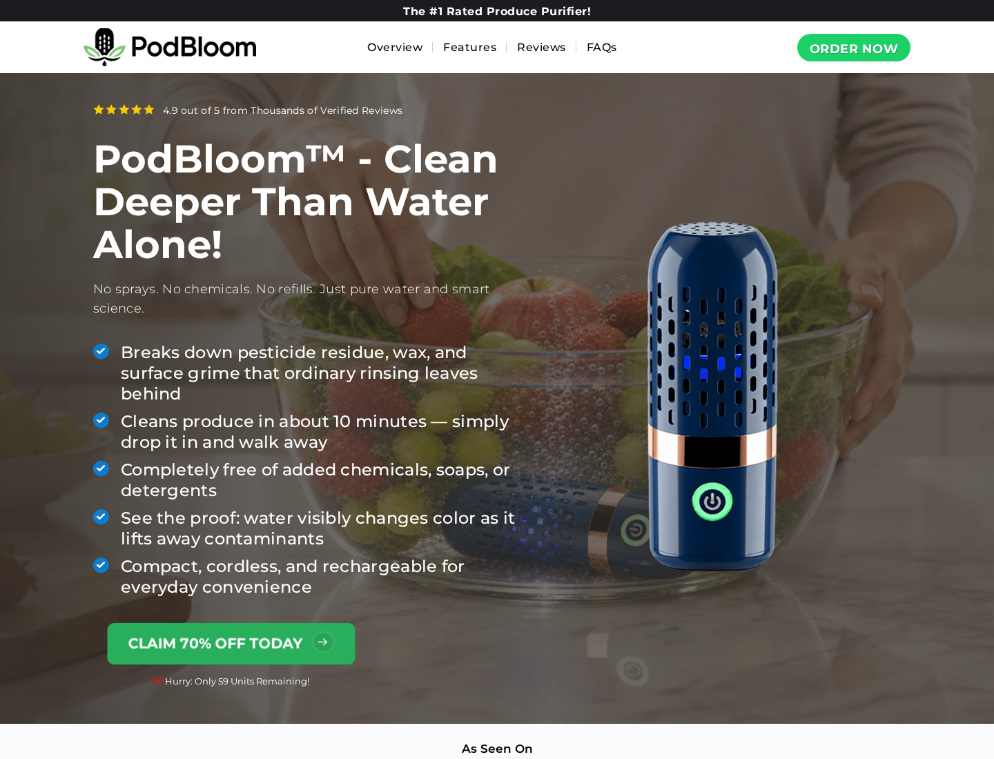 PodBloom produce-cleaner promotion claiming water discoloration proves contaminants are being removed from food