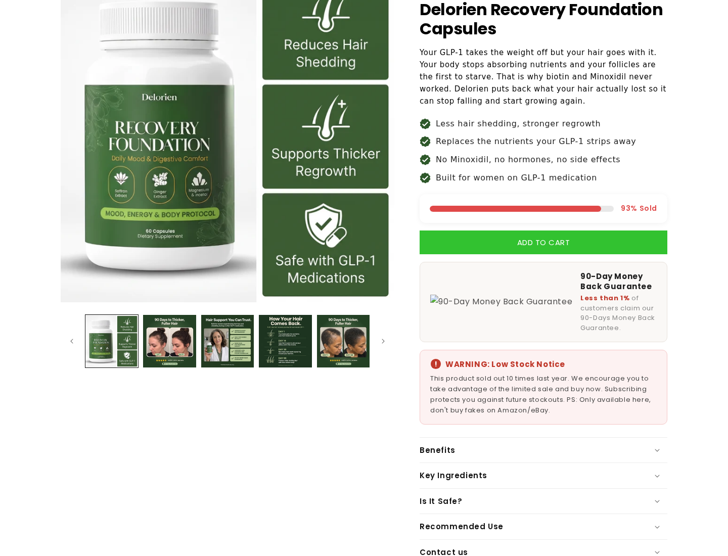 Delorien Recovery Foundation capsules promoted for GLP-1 hair shedding beside a 90-day guarantee and subscription stock warning