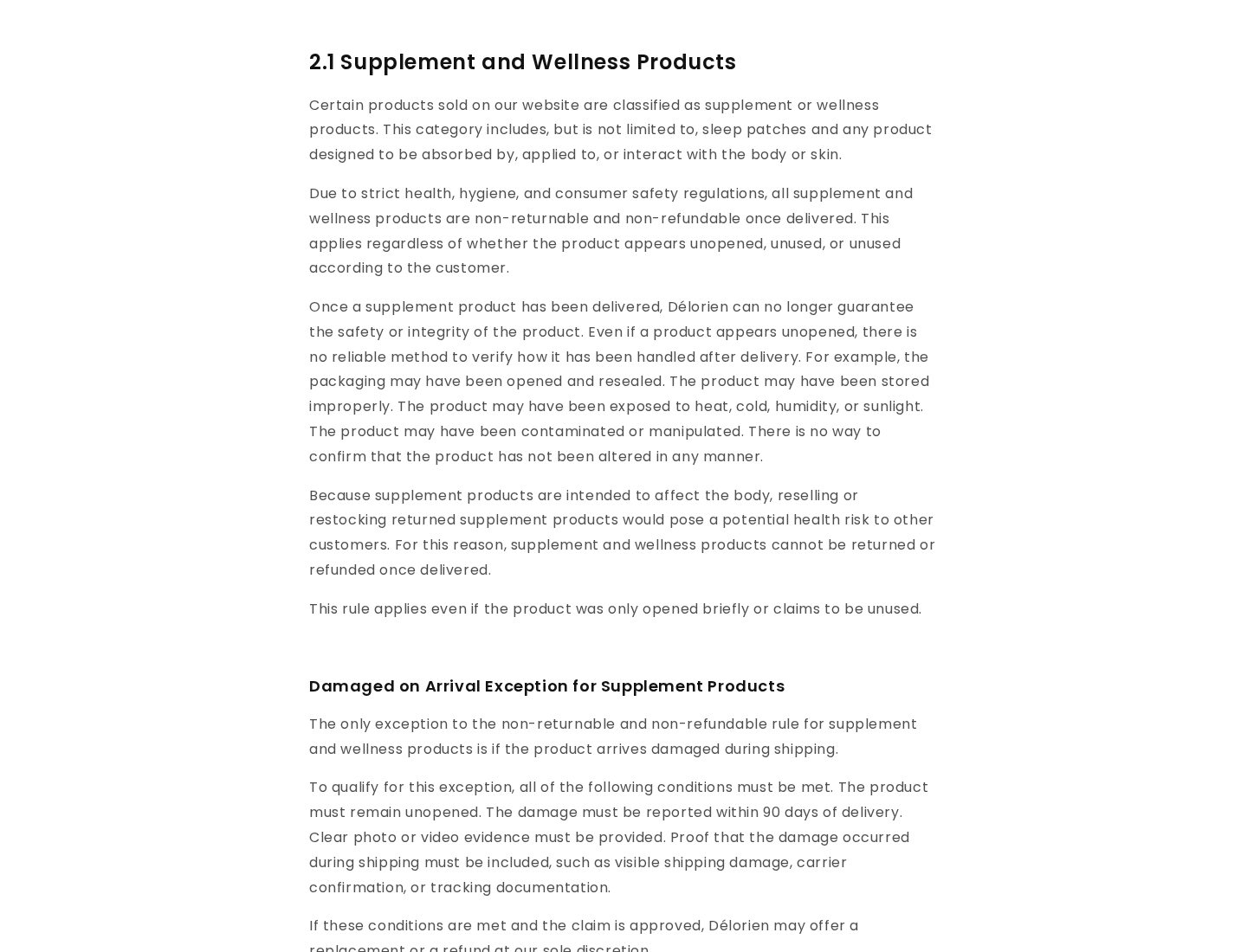 Delorien linked refund policy excluding delivered supplement and wellness products from refunds even when unopened