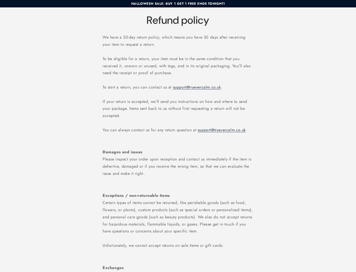 EverCalm Ring EXPOSED: Scam or Legit? Menopause and Refund Claims Checked 2 EverCalm refund policy requiring unworn or unused goods and excluding sale items despite the advertised wearing trial