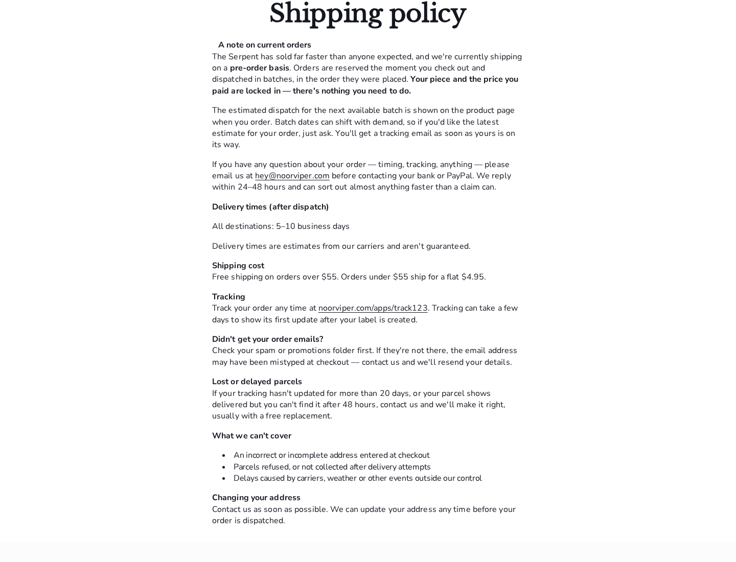 NoorViper EXPOSED: Scam or Legit? Necklace Shipping and Returns Checked 2 NoorViper shipping policy describing preorder batches, changeable dispatch dates, and delivery estimates that begin after dispatch