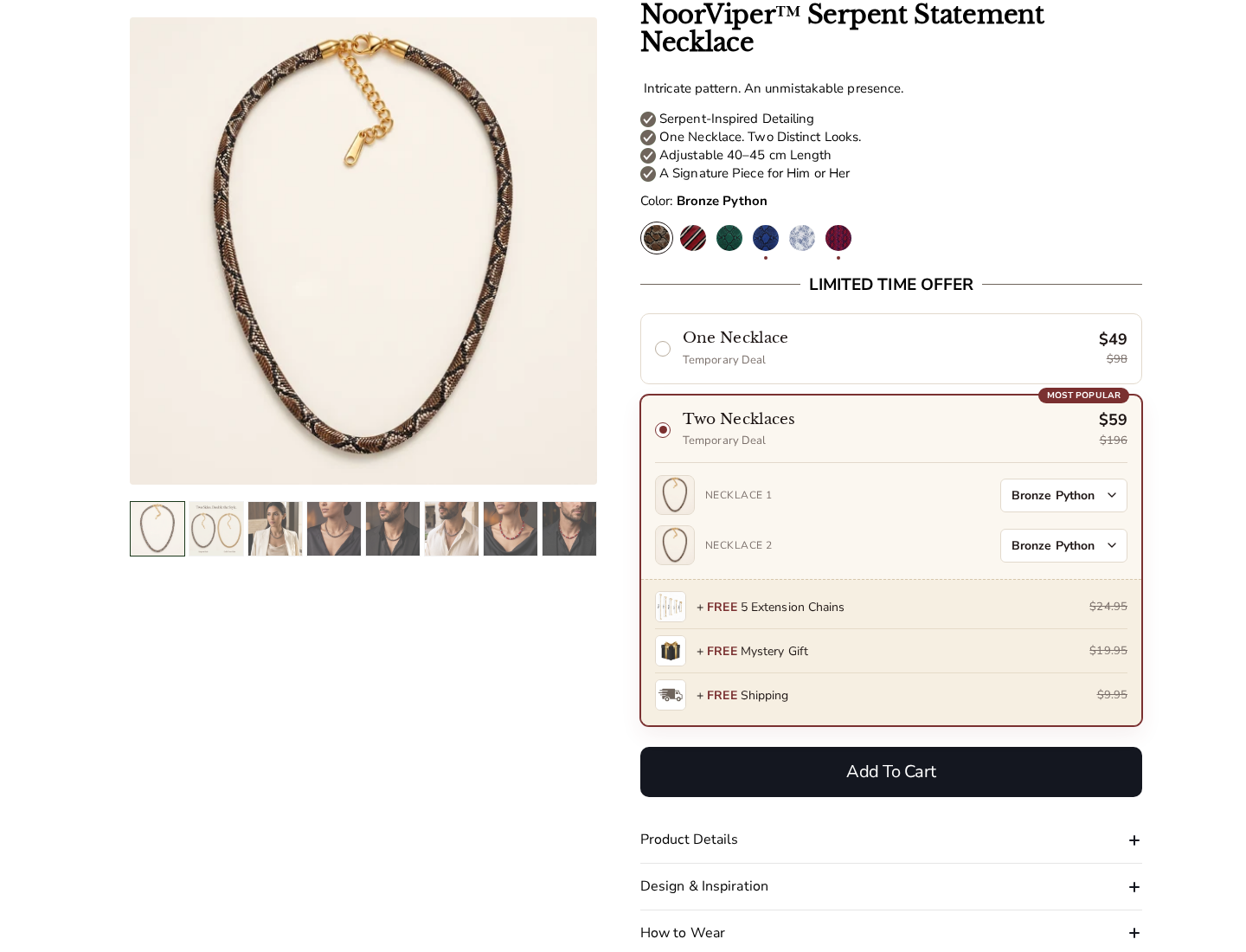 NoorViper EXPOSED: Scam or Legit? Necklace Shipping and Returns Checked 1 NoorViper serpent necklace offer initially selecting two necklaces for $59 rather than the $49 single-necklace option