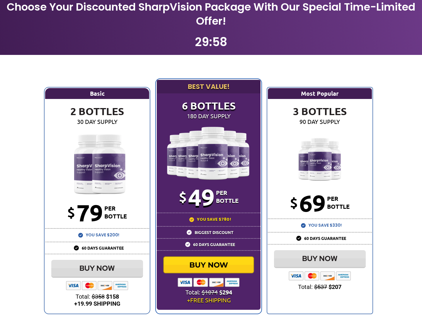 SharpVision EXPOSED: Scam or Legit? FDA Claims and Bottle Bundles Checked 2 SharpVision linked package page showing two bottles for $158 plus shipping, three for $207, and six for $294
