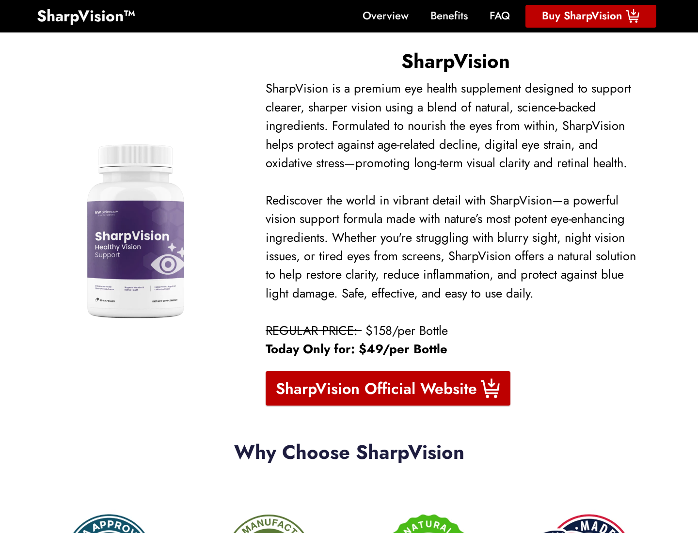 SharpVision EXPOSED: Scam or Legit? FDA Claims and Bottle Bundles Checked 1 SharpVision Healthy Vision Support supplement promotion presenting a $49 per-bottle price and claims about clarity and eye health