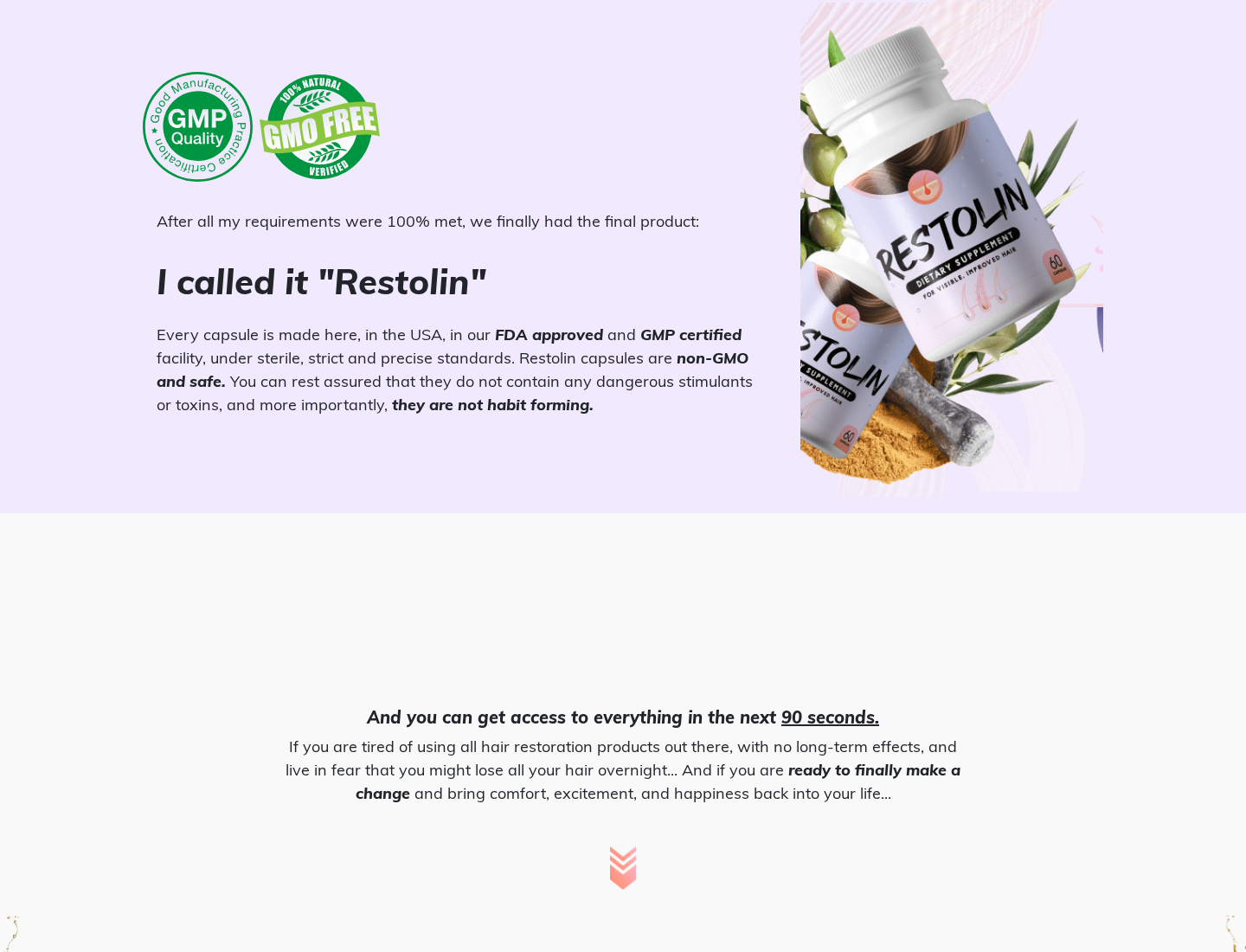 Restolin EXPOSED: Scam or Legit? Hair Regrowth and Refund Claims Checked 1 Restolin capsule offer with product bottles and the claim that its facility is FDA approved and GMP certified