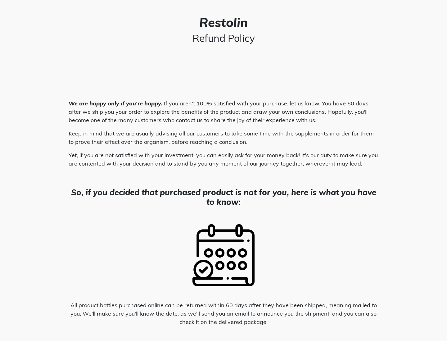 Restolin EXPOSED: Scam or Legit? Hair Regrowth and Refund Claims Checked 2 Restolin refund page stating that the 60-day guarantee starts with shipment and requires the bottles to be returned