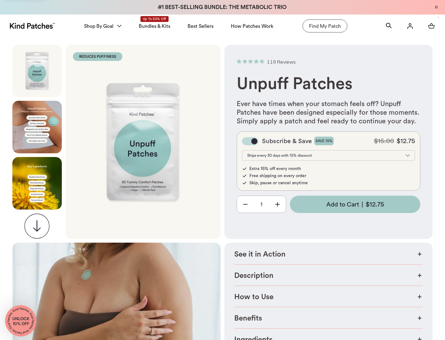 Unpuff patches offer showing the selected Subscribe and Save plan at $12.75 with a 30-day delivery frequency