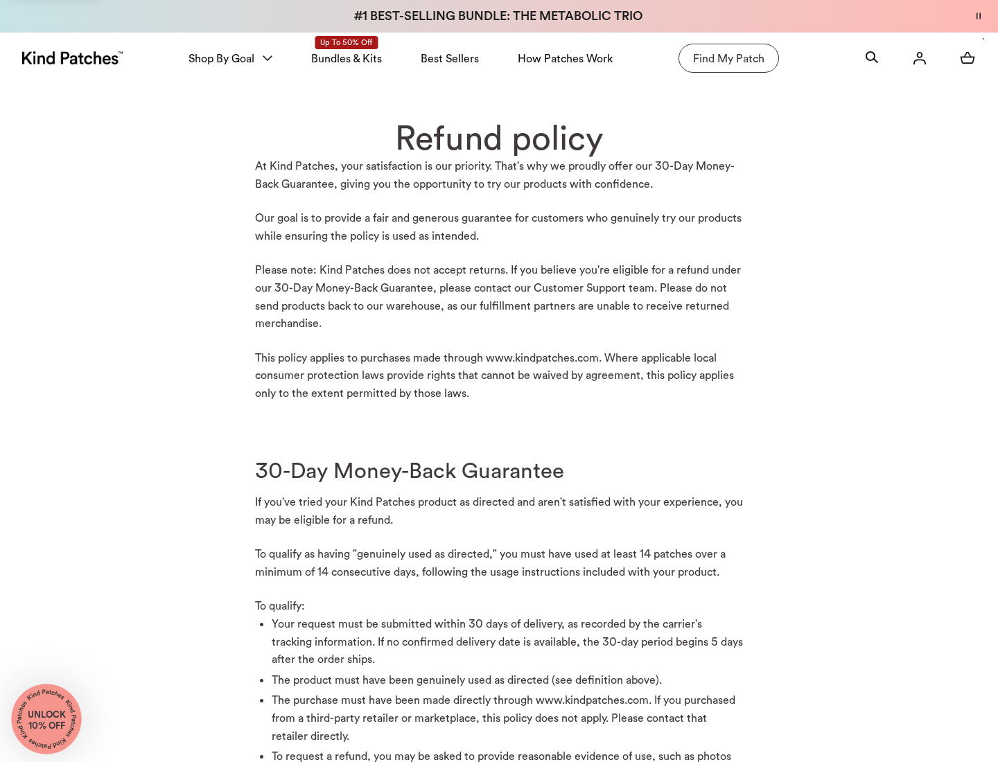 Kind Patches refund policy requiring at least 14 patches over 14 consecutive days before the first satisfaction refund