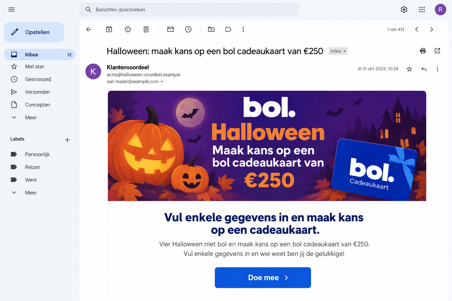 bol.com €250 Halloween Gift Card Scam: The Fake Giveaway Email Explained 1 Illustrative Halloween giveaway email impersonating bol and offering a chance to win a €250 gift card, using fictional example addresses
