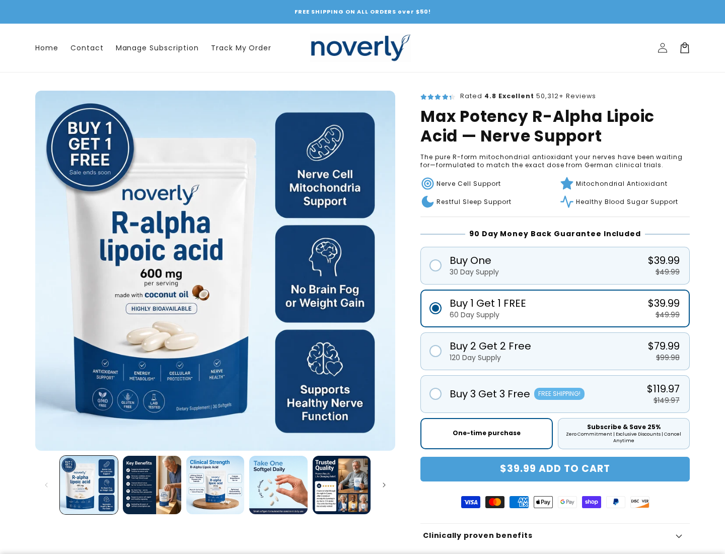 Noverly R-alpha lipoic acid offer showing two packs selected and separate one-time purchase and subscription choices