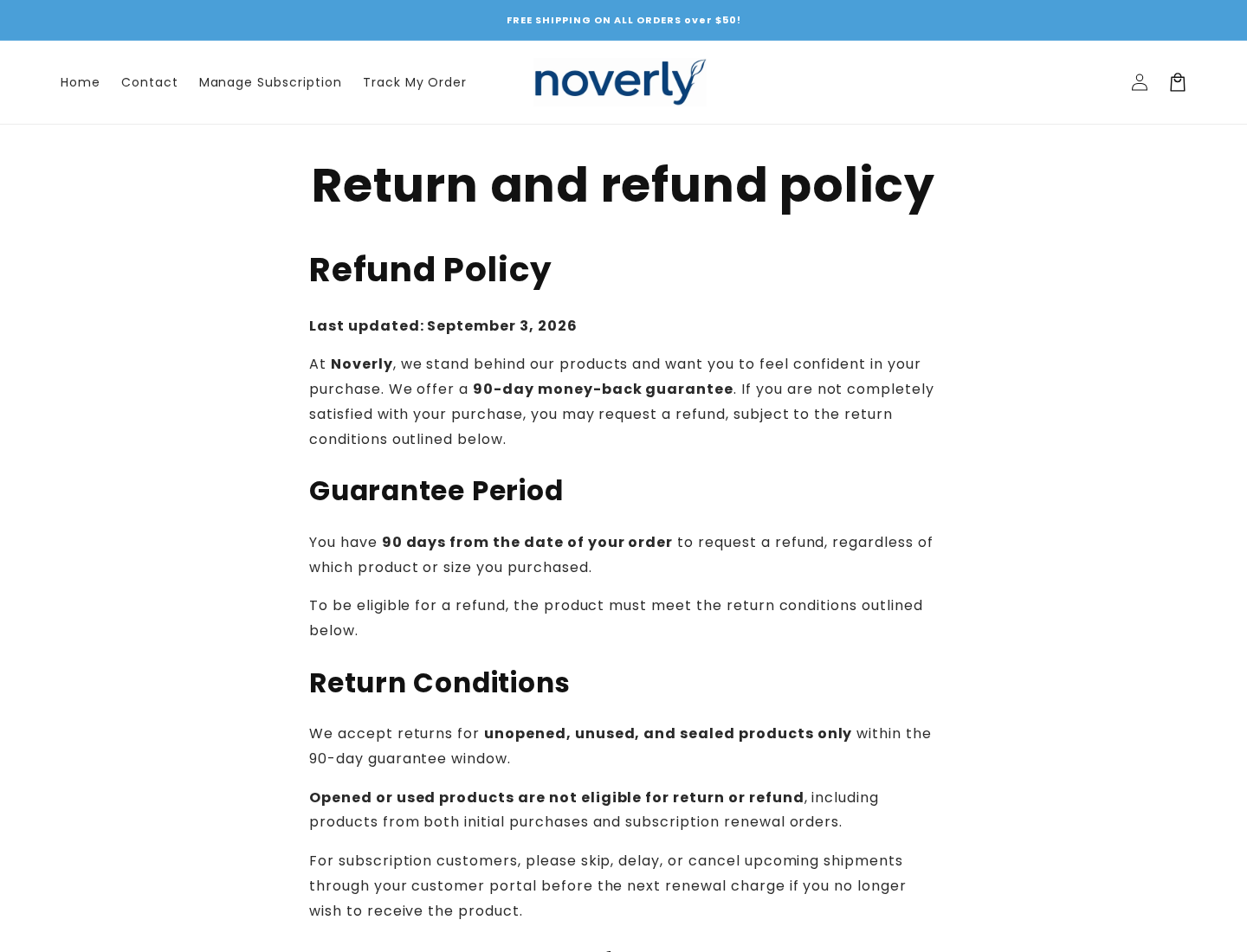 Noverly return policy restricting the 90-day guarantee to unopened unused sealed products