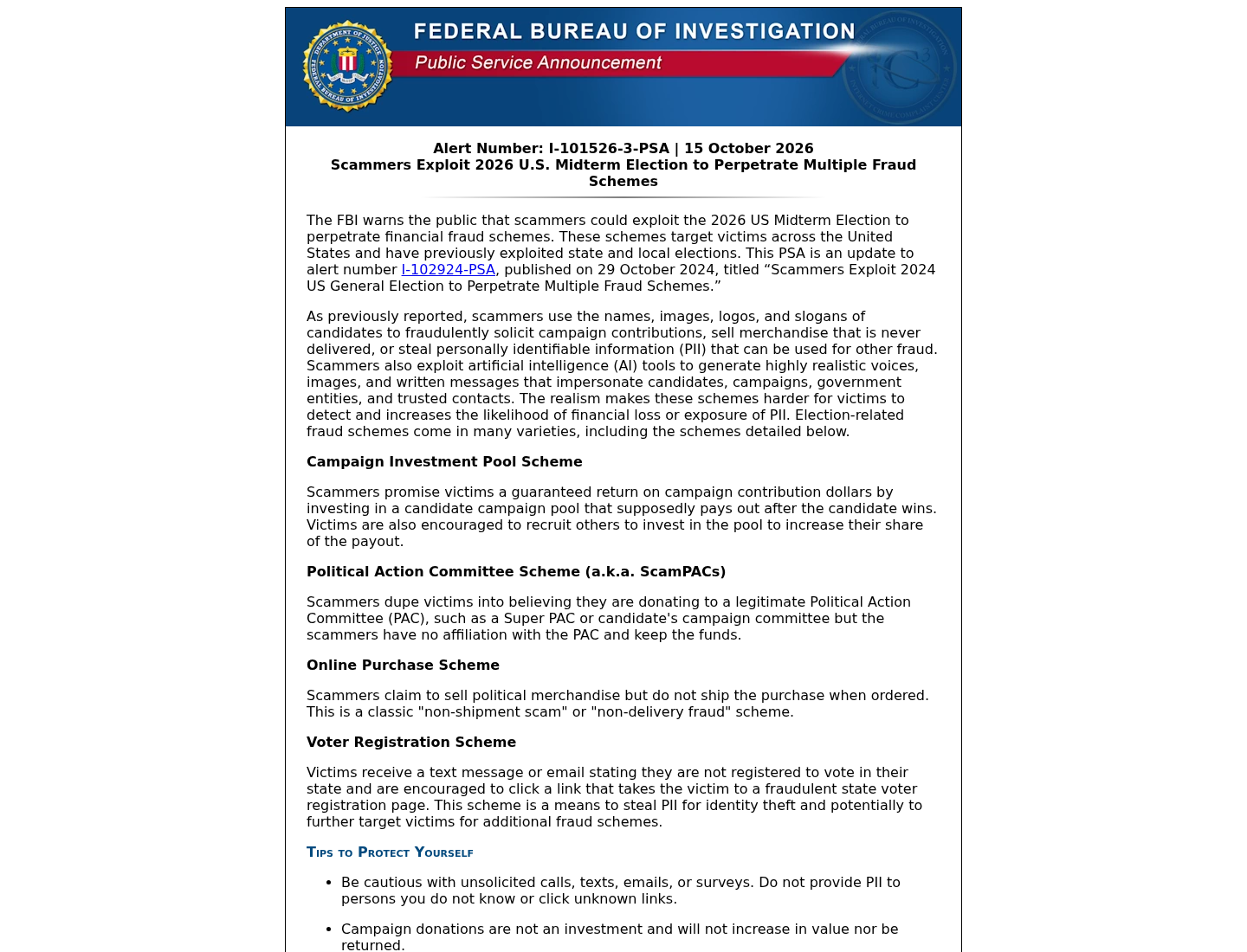FBI election-fraud alert describing campaign investment pools and recruitment-based payout promises