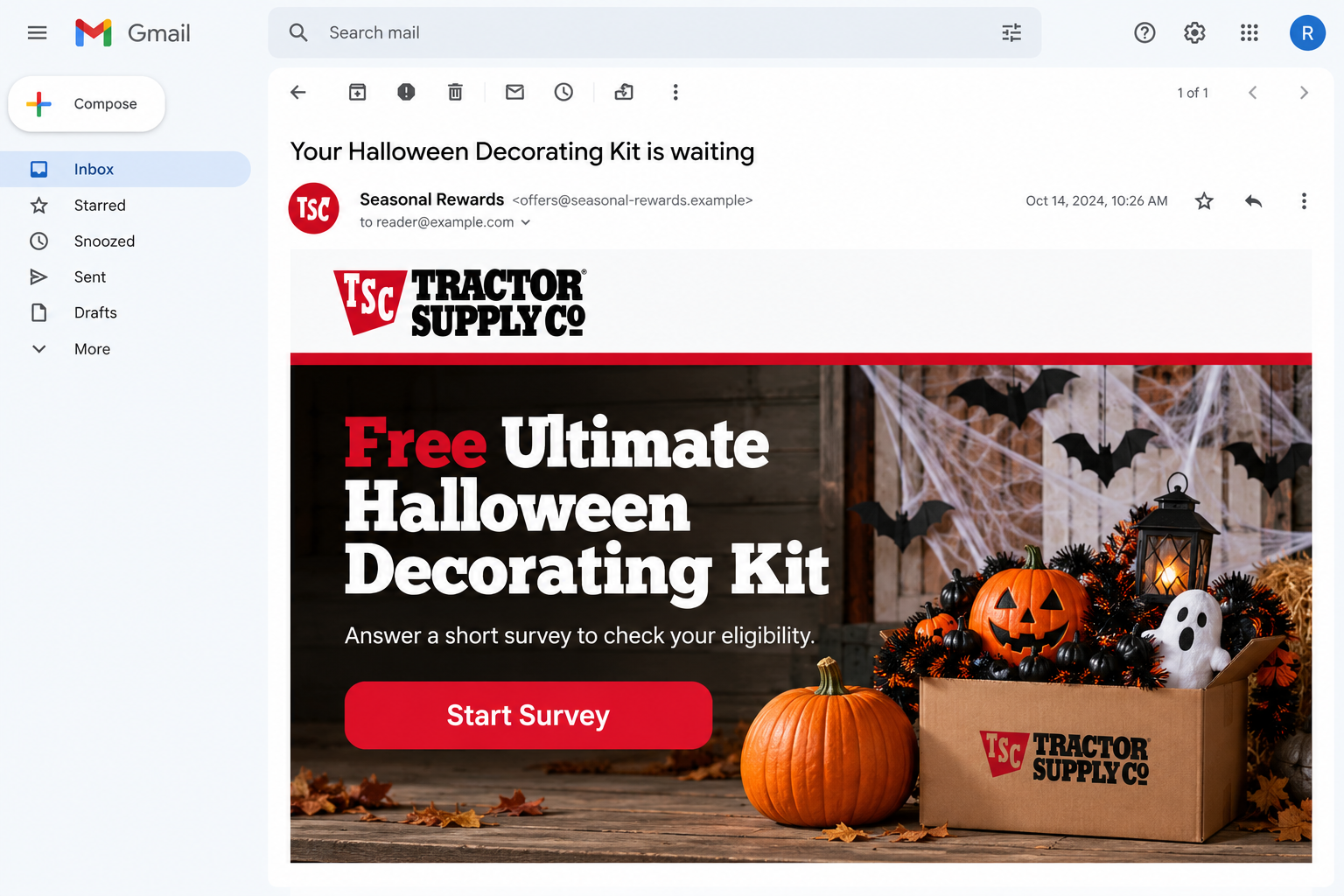Illustrative email impersonating Tractor Supply with a Free Ultimate Halloween Decorating Kit survey, using fictional sender and recipient addresses