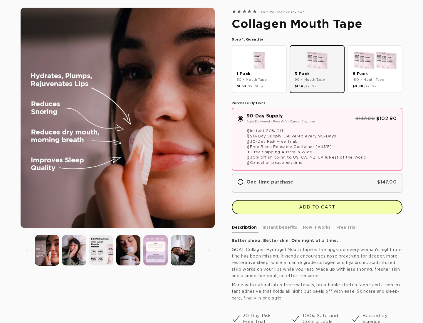 GOAT Collagen Mouth Tape Australian offer with a three-pack 90-day subscription selected at A$102.90