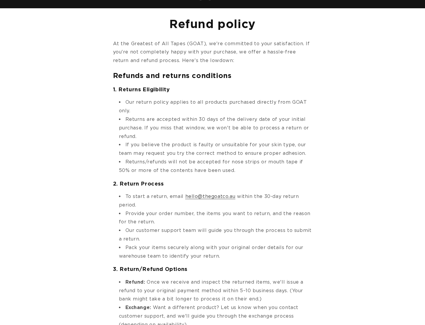 GOAT refund policy limiting initial-order returns to 30 days and excluding tape with 50% or more used