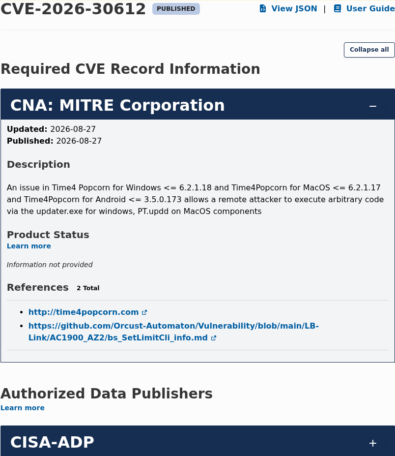 Official CVE-2026-30612 record describing the Time4Popcorn updater vulnerability on Windows, macOS and Android