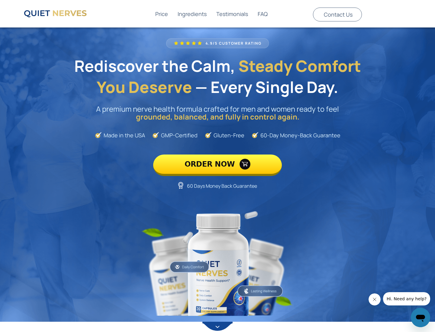 Quiet Nerves sales page presenting nerve support capsules with a 60-day guarantee