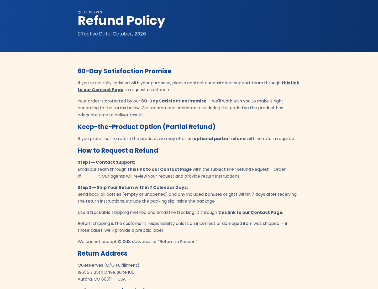 Quiet Nerves refund terms describing empty-bottle returns, included gifts and a seven-day shipping deadline