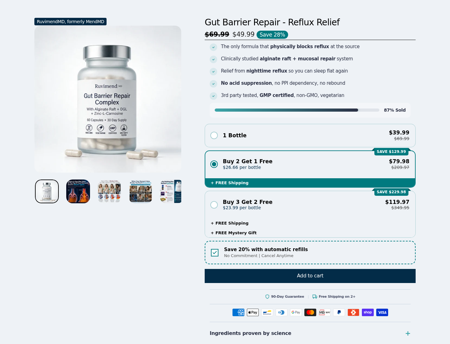 RuvimendMD Gut Barrier Repair offer with three bottles selected and automatic refills checked
