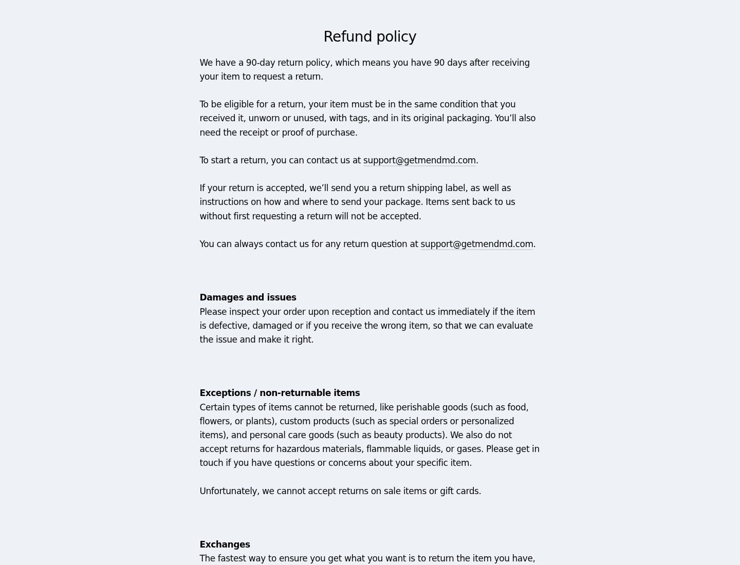 Ruvimend refund policy showing unused-product eligibility and an exclusion for sale items